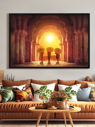 Brown Monks with Umbrella Canvas Painting