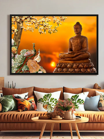 brown Buddha With Peacock canvas Painting